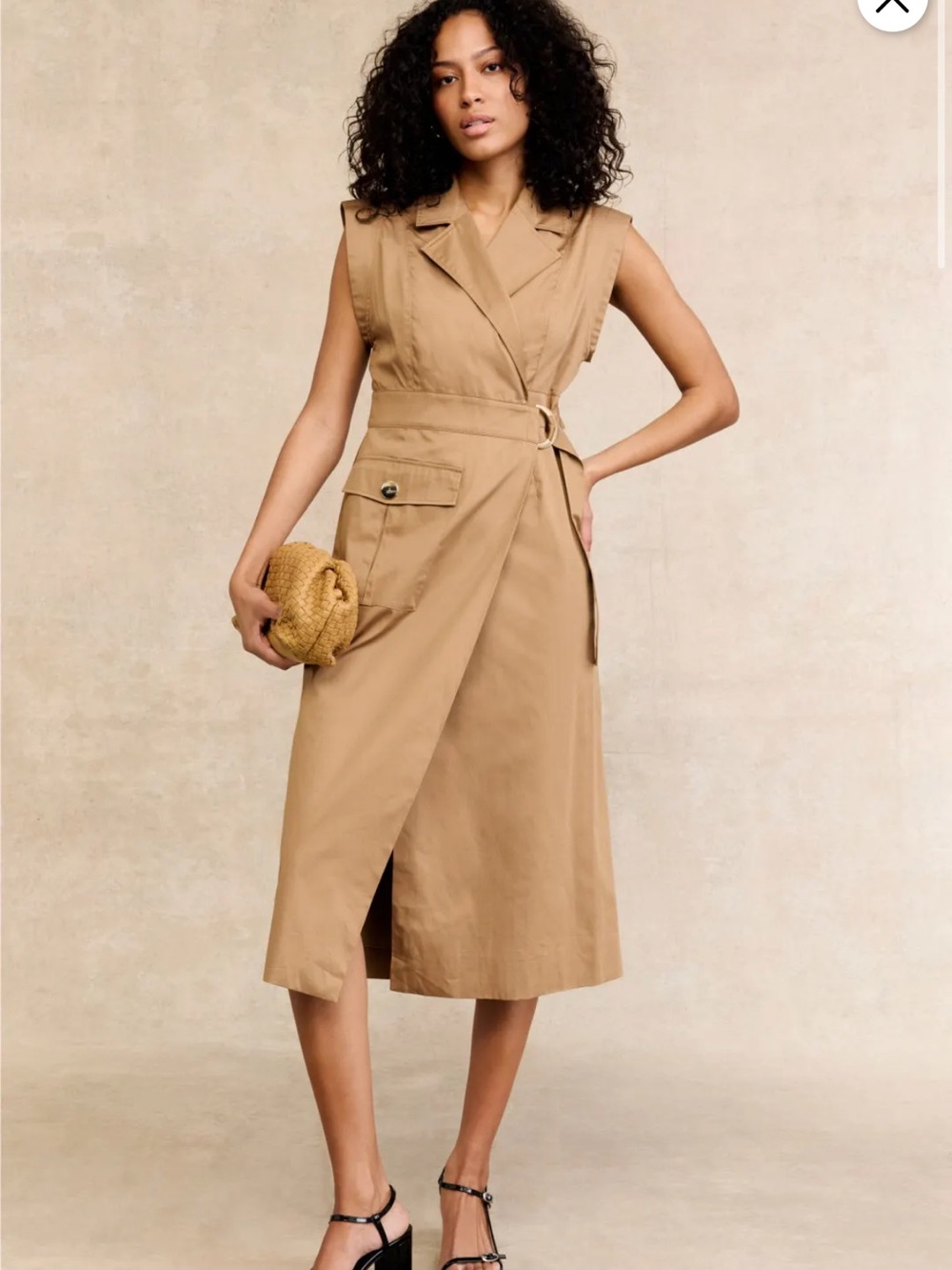Sleeveless trench coat  Tan Wrap Midi Dress with D-Ring Belt